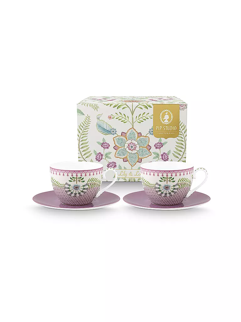 PIP STUDIO Cappuccino Tassen mit Untertassen 2er Set  LILY & LOTUS 280ml lila