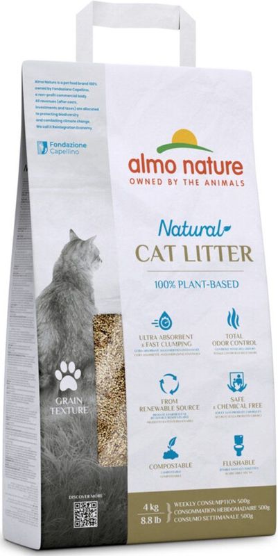 Almo Nature Cat Litter Grain Texture - 100% plantaardige eco-vriendelijke kattenbakvulling - Inhoud 4 kg