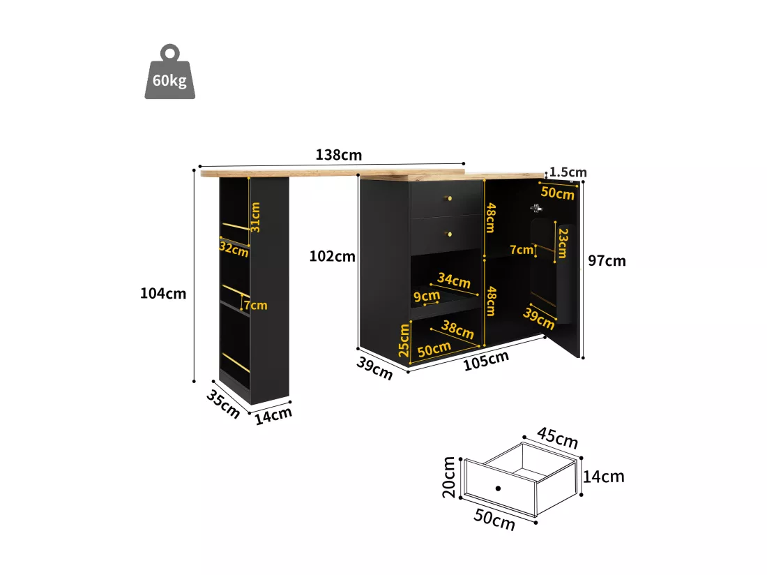 Buffet、Meuble de bar pivotant et escamotable - 2 tiroirs et 6 compartiments - Noir
