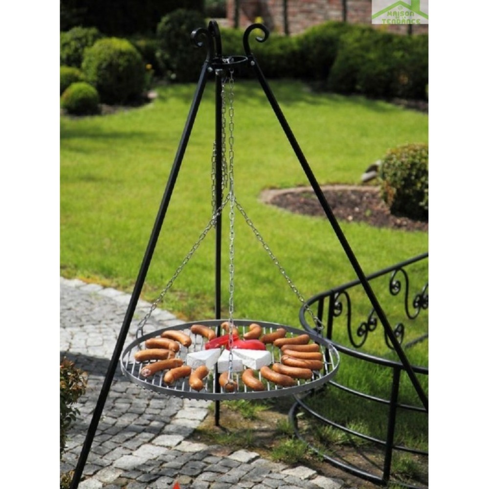 Barbecue grille de cuisson suspendu en acier 70 cm sur trépied 180 cm