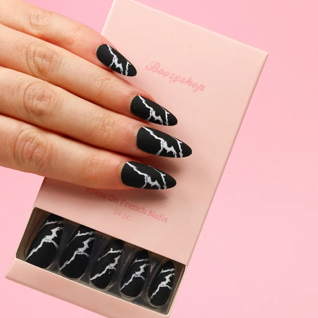Press On French Nails Black Marble