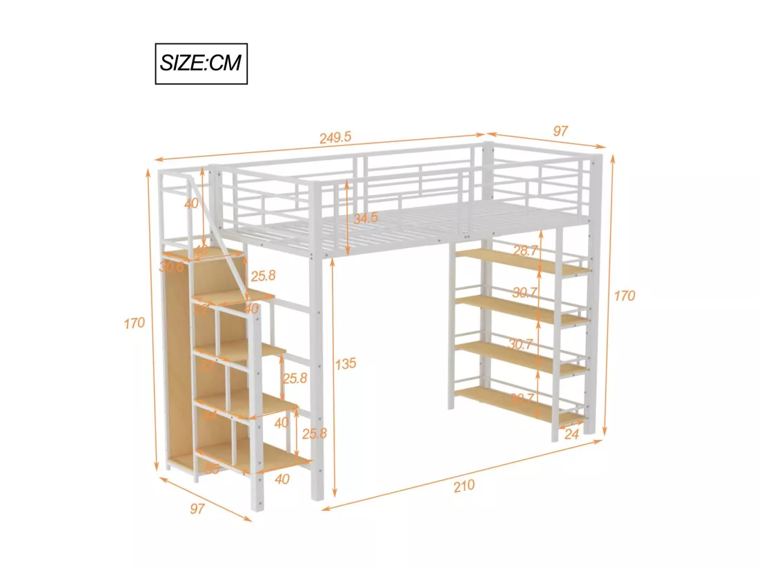Lit mezzanine 90x200 cm - avec petite armoire et étagères de rangement - Blanc