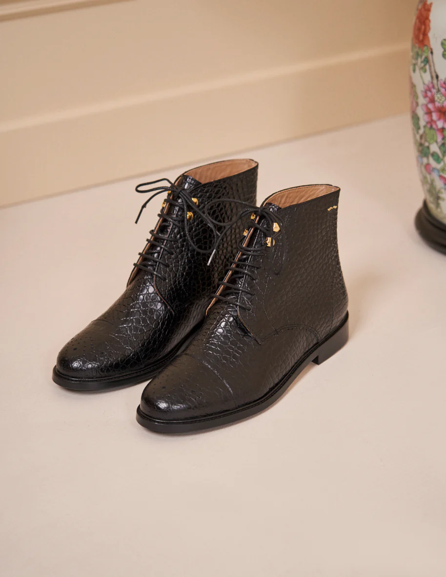 Bottines à lacets Lucienne - Cuir croco noir