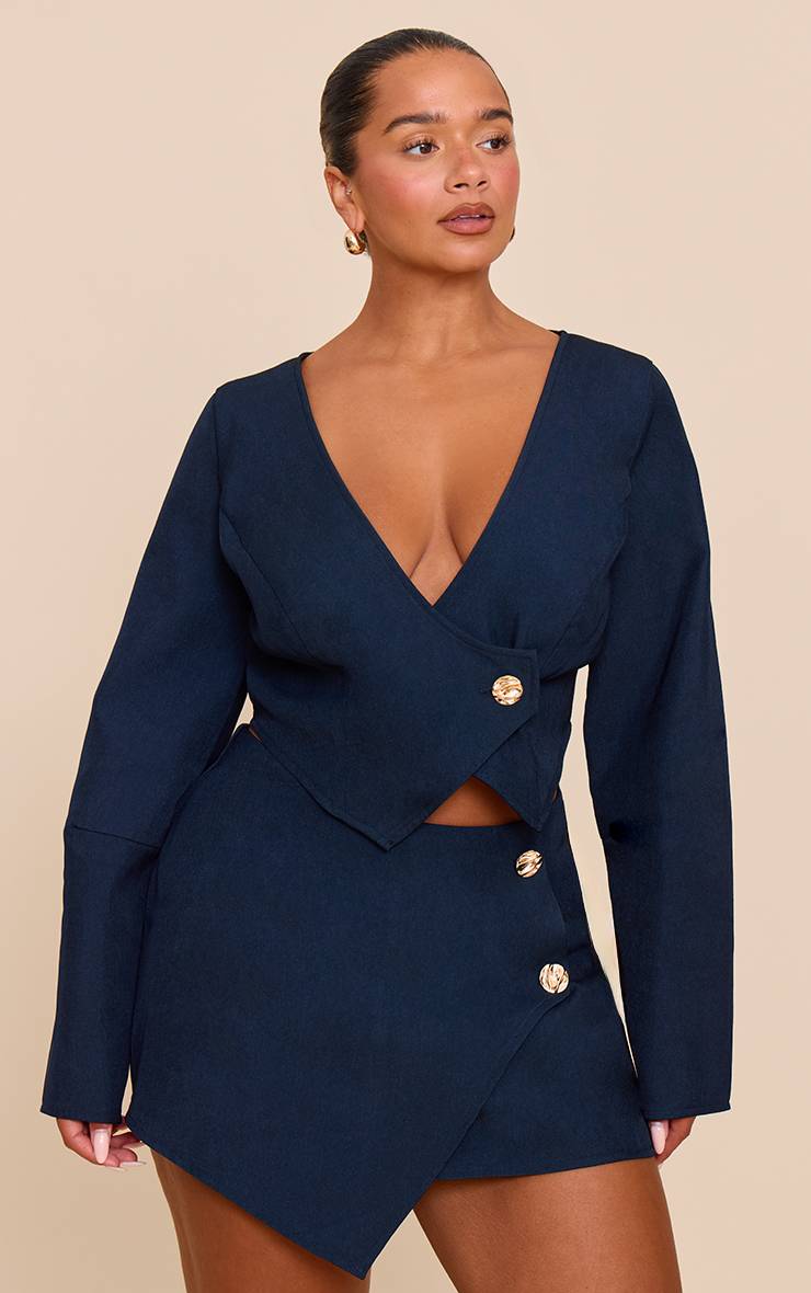 Bleu Marine Jupe-short Coordonnée Asymétrique Martelée À Boutons Shape