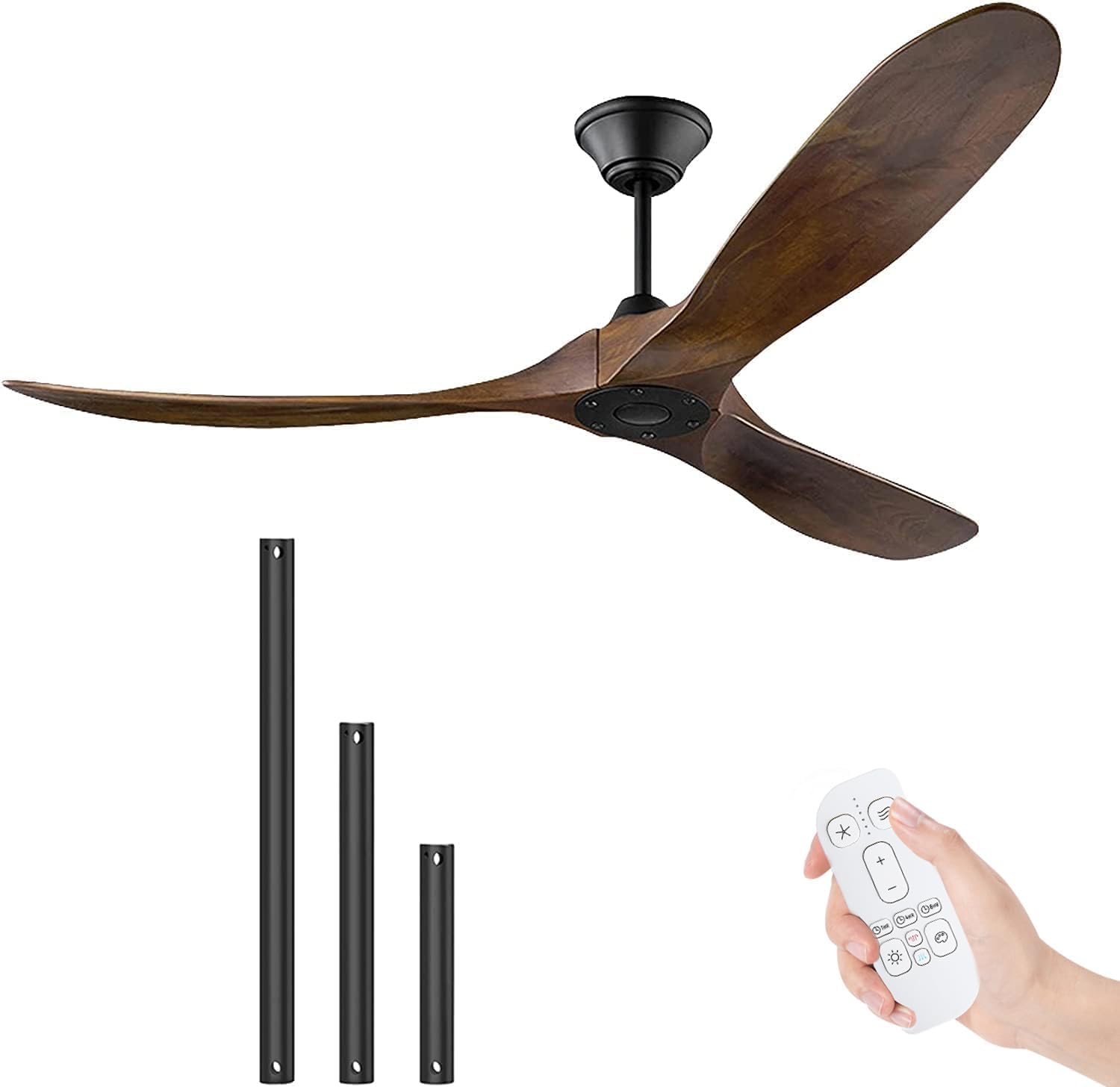 132 cm Deckenventilator mit Fernbedienung, 3-Blatt-Deckenventilator für den Außenbereich mit Holzpropeller ohne Licht für Terrassen, Gleichstrommotor, 1-8-Stunden-Timing, Schwarz + Walnuss