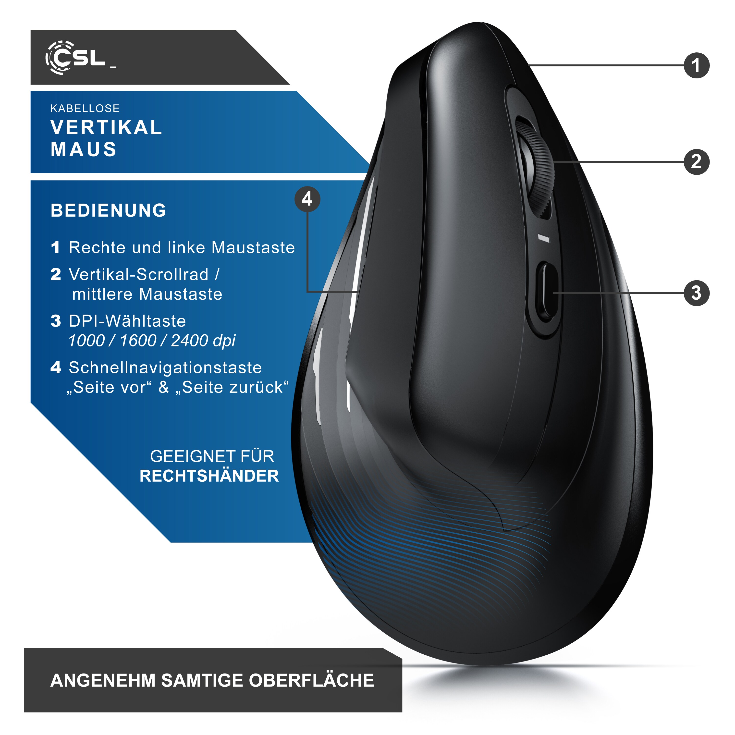 CSL Kabellose Maus, 2,4 GHz mit USB-Empfänger, 1000-2400 DPI, Wireless Maus 6 Tasten mit Nano Empfänger, für Rechtshänder, kompatibel mit PC und Mac