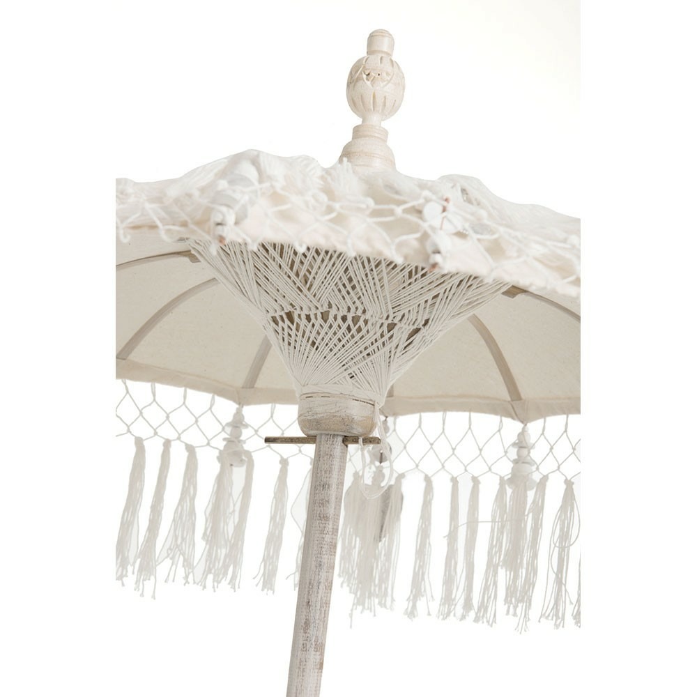 Parasol + pied + pompon coton/bois creme/argent s