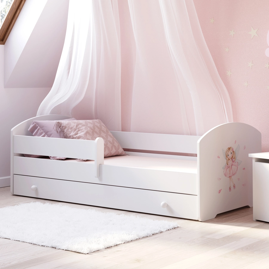 Kids Collective Kinderbett 70x140 | 80x160 cm mit Matratze und Schublade, Rausfallschutz Prinzessinnen Motiv