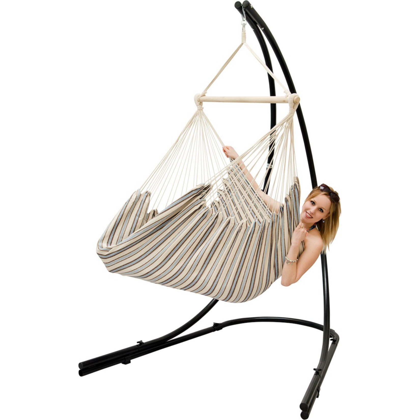 Freistehendes Stahl-Hängestuhlgestell 210cm inkl. XXL Hängesessel aus Baumwolle mit Swivel 185x130cm