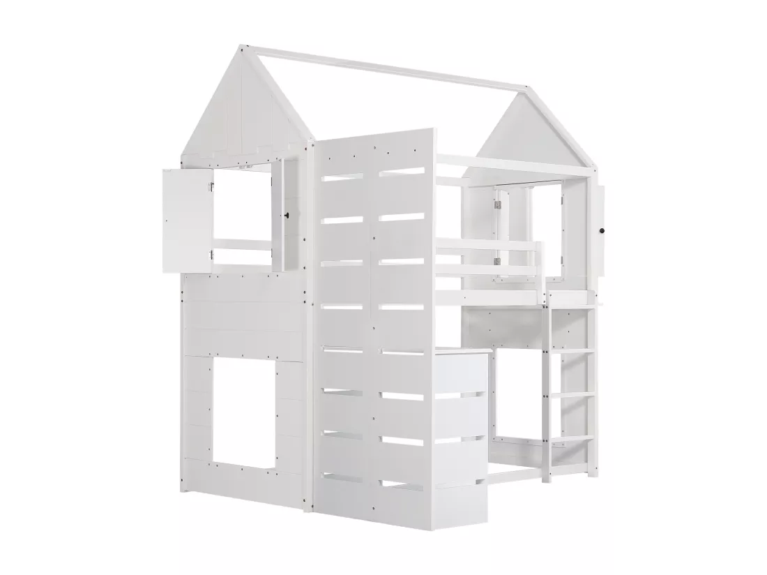 Lit mezzanine 90x200 cm en bois massif - avec bureau et échelle - Blanc