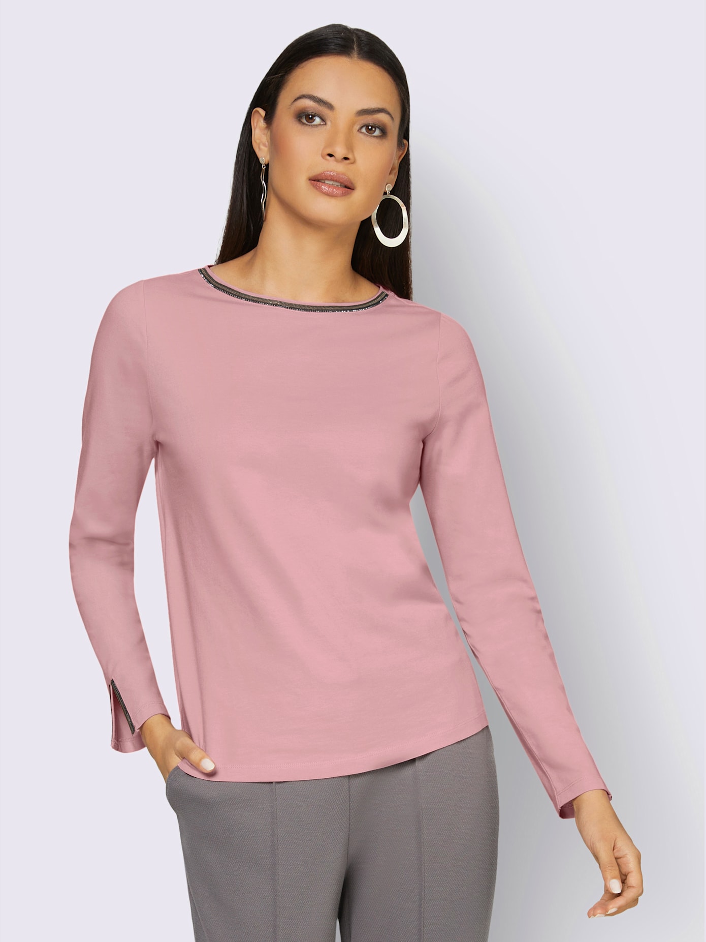 T-shirt à manches longues petites pierres fantaisie sur l'encolure