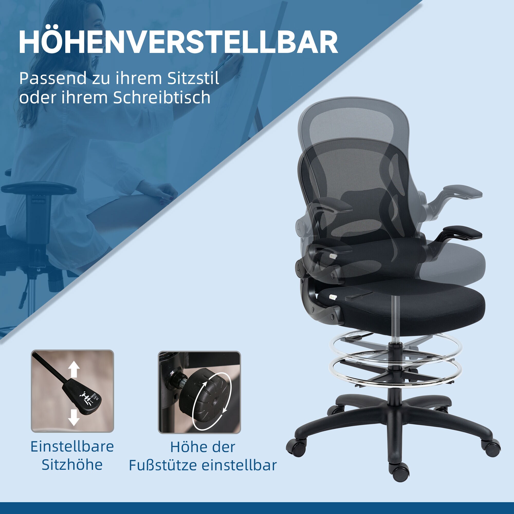 Vinsetto Bürostuhl ideal für Sitz und Stehplätze mit Armlehnen schwarz 59L x 65B x 110-130H cm