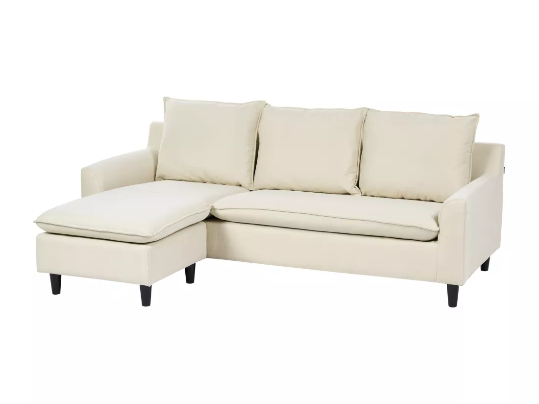 Canapé d'Angle Moderne à gauche Pieds en Bois Massif Assise Polyester Tissu Beige Elvenes
