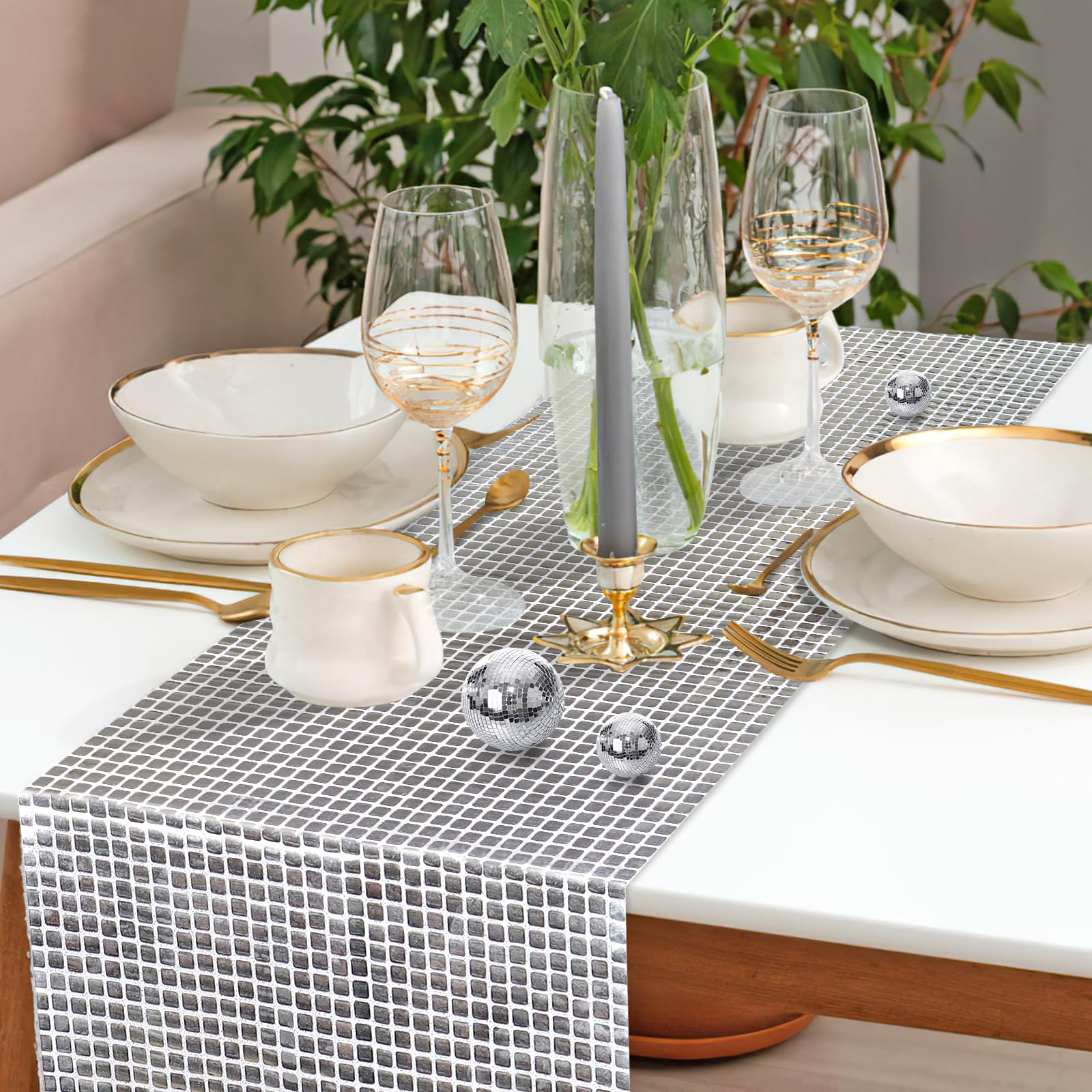 (2er Set) 180x30cm Disco Tischläufer Party Deko Pailetten Tischtuch Glitzer Tischdecke - Silber