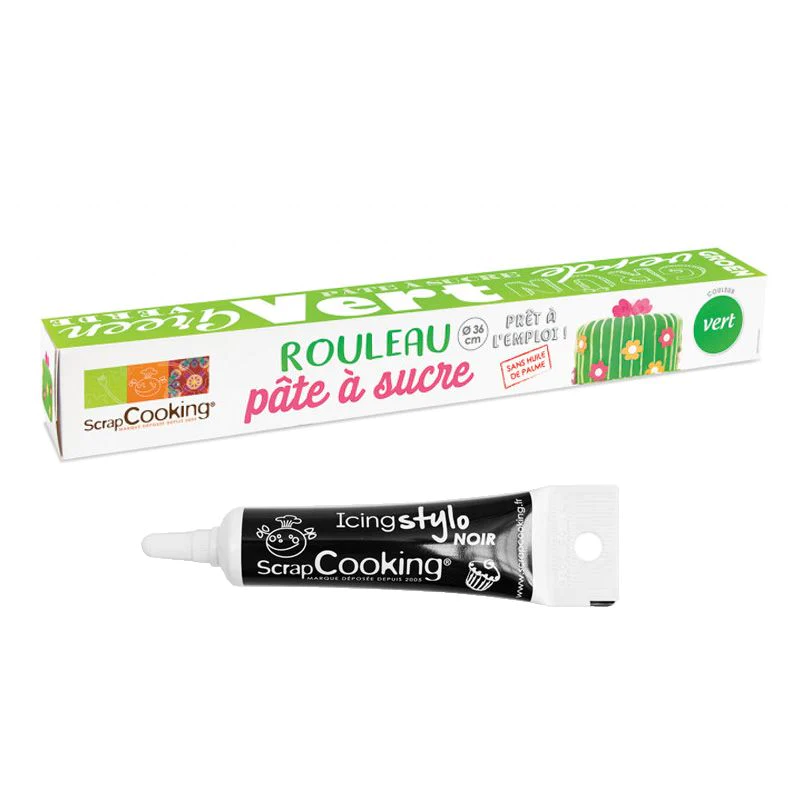 Pâte à sucre en rouleau vert Ø 36 cm + Stylo de glaçage noir Scrapcook