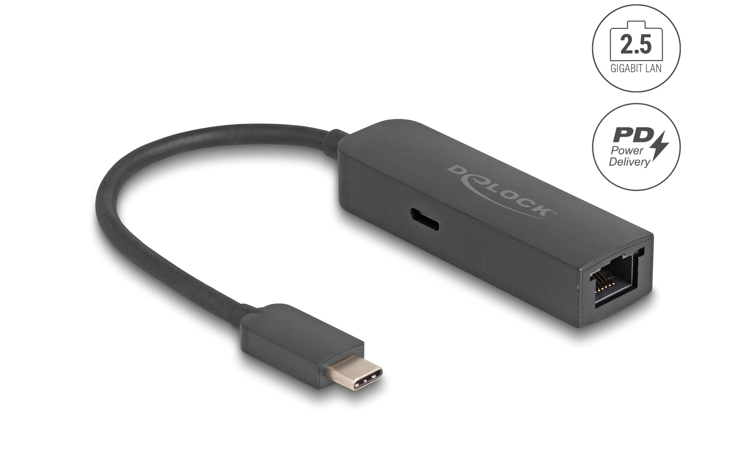 Netzwerk-Adapter USB-C – RJ45 2.5Gbps mit PD 100 WattDelock USB Type-C Adapter zu 2.5 Gigabit LAN mit Power Delivery 100 Watt