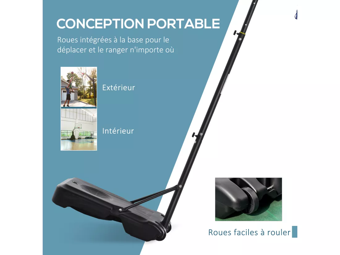 Panier de basketball sur pied - H. réglable 203-258 cm - roulettes, base de lestage - noir