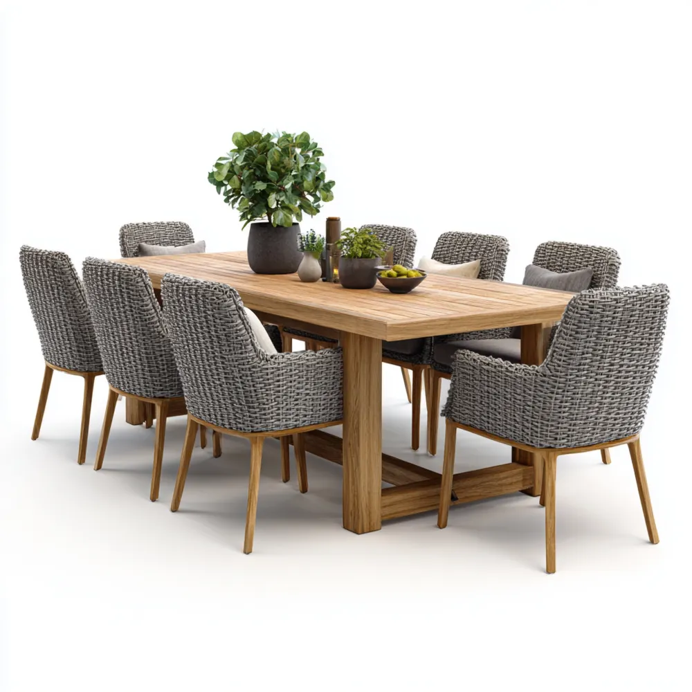 Garten-Esstisch-Set Holz 210x100x75 cm - Grauer Webstoff - Moderner Stil