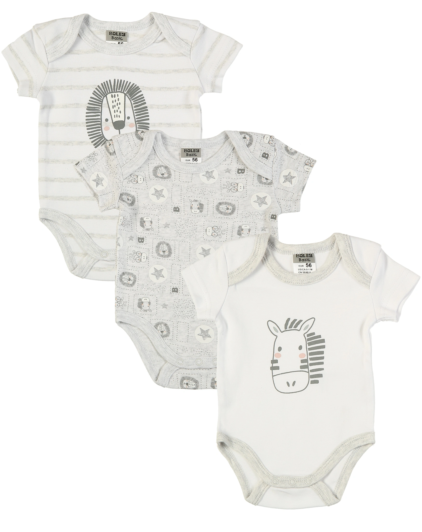 Kurzarm-Body ZEBRA & LÖWE 3er-Pack in grau