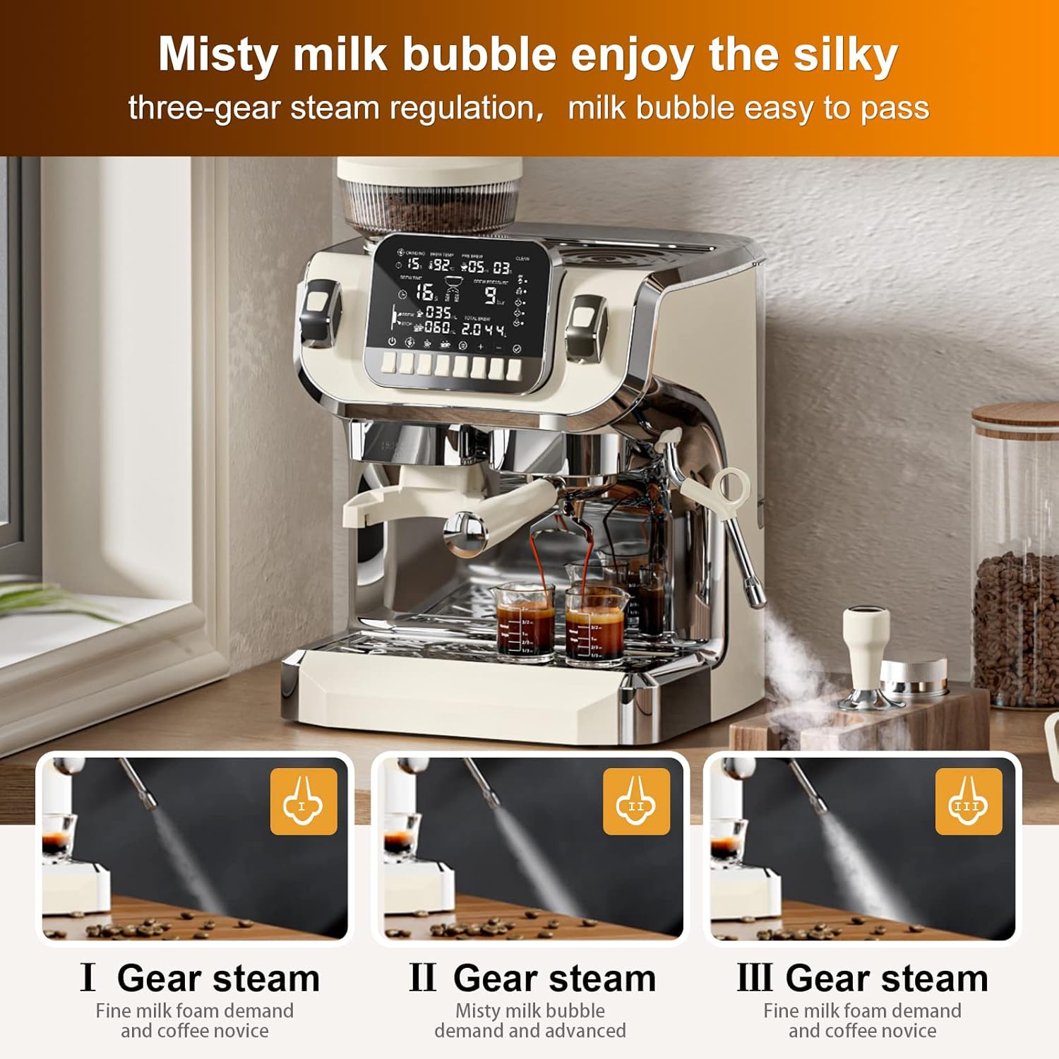 Mcilpoog TC520 Machine à expresso avec mousse à lait, Machine à café semi-automatique avec broyeur, Machine à café expresso facile à utiliser avec grand écran de 6 pouces, pompe à pression de 15 bar
