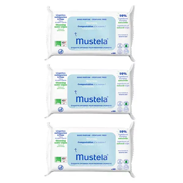 Mustela Lingettes Nettoyantes Compostables Non Parfumées Lot de 3 x 60 unités