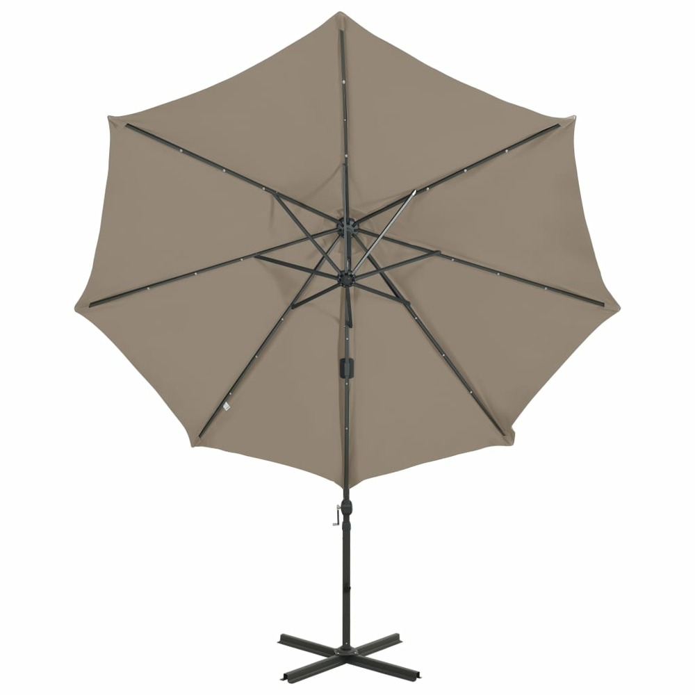 Parasol meuble de jardin déporté avec mât et lumières led 300 cm taupe