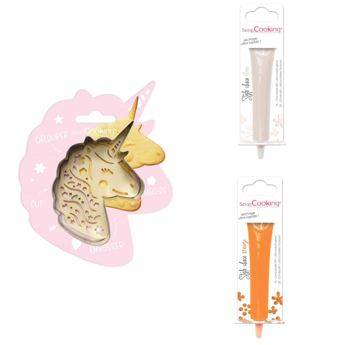 Kit pour biscuit en relief Licorne + 2 Stylos au chocolat blanc et ora