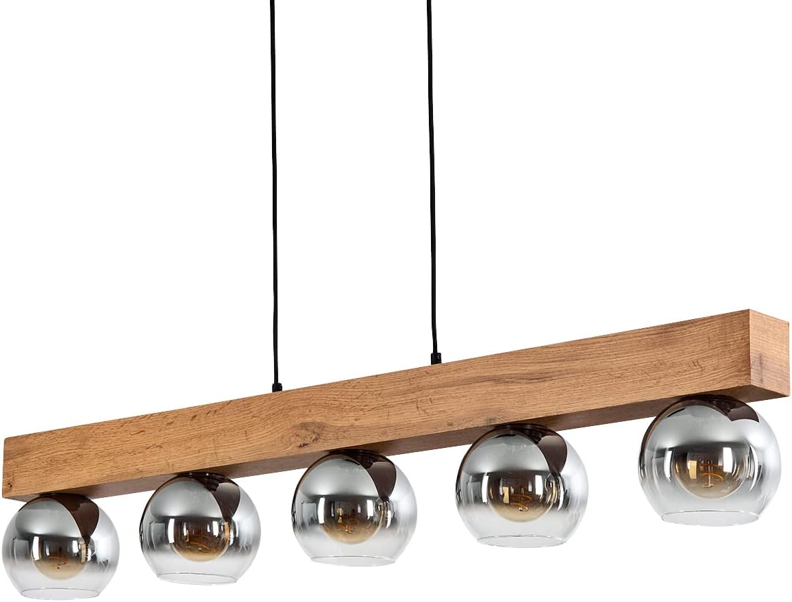 Pendelleuchte Vouhet, moderne Pendellampe aus Metall/MDF/Glas in Schwarz/Holzoptik/Braun/Chromfarben, Leuchte mit Höhe max. 122,5 cm, 5-flammig, 5 x E27, ohne Leuchtmittel