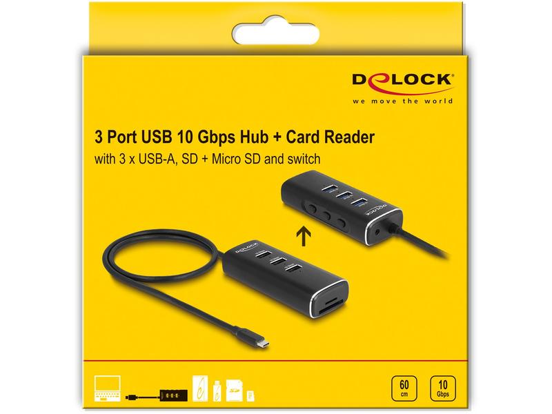 Delock USB-Hub 3x USB A/1x USB C 10Gbps und 1x mircoSD/SD Delock USB Hub mit 3x USB-A, 1x USB C Anschluss, 1x microSD und 1x SD Slot