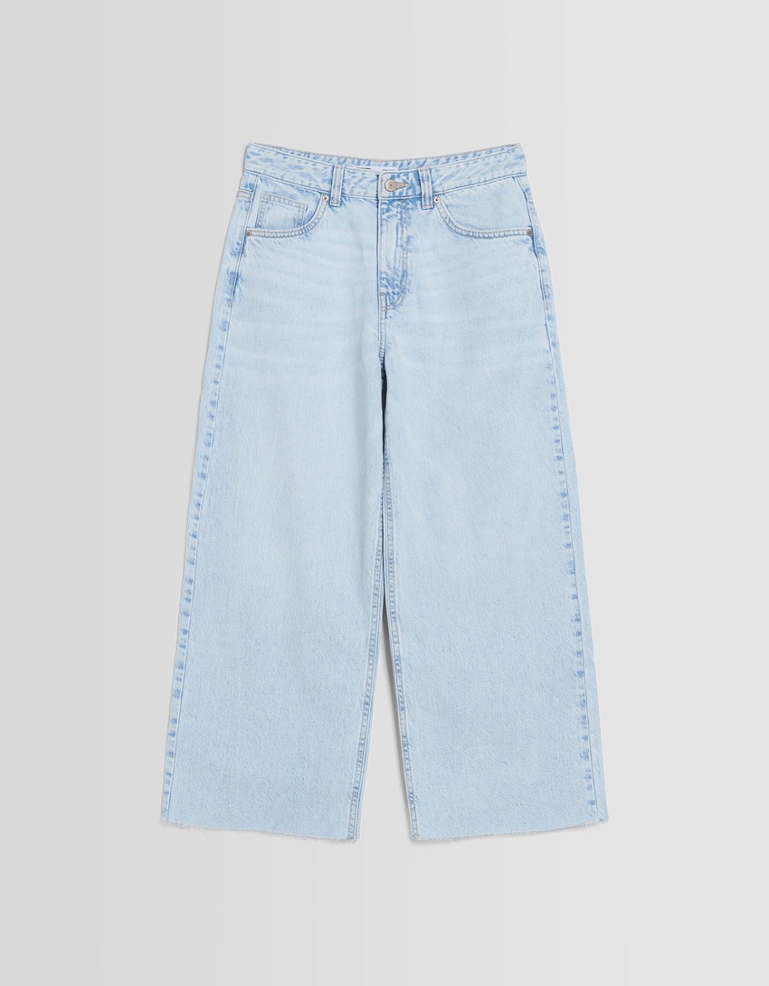 calças jeans cropped de perna larga