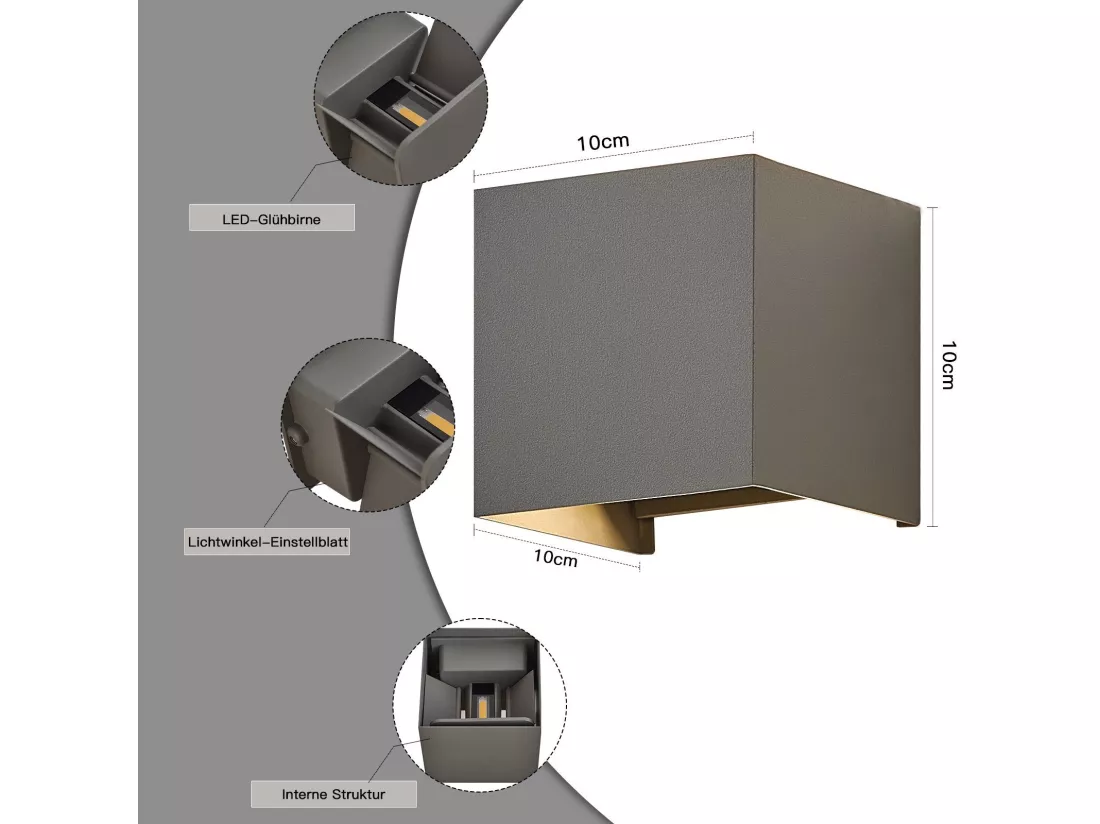 NETTLIFE Applique LED 5W -Lampe Murale Extérieur/Intérieure gris，double faisceau réglable étanche IP65 230V 3000K