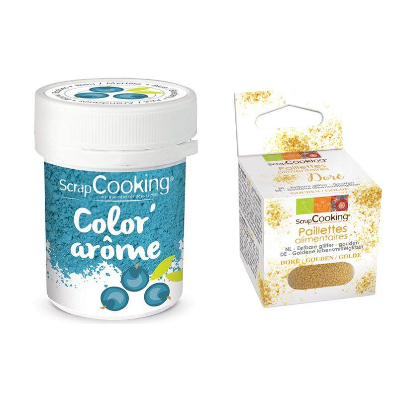 Colorant alimentaire bleu arôme myrtille + paillettes dorées Scrapcook