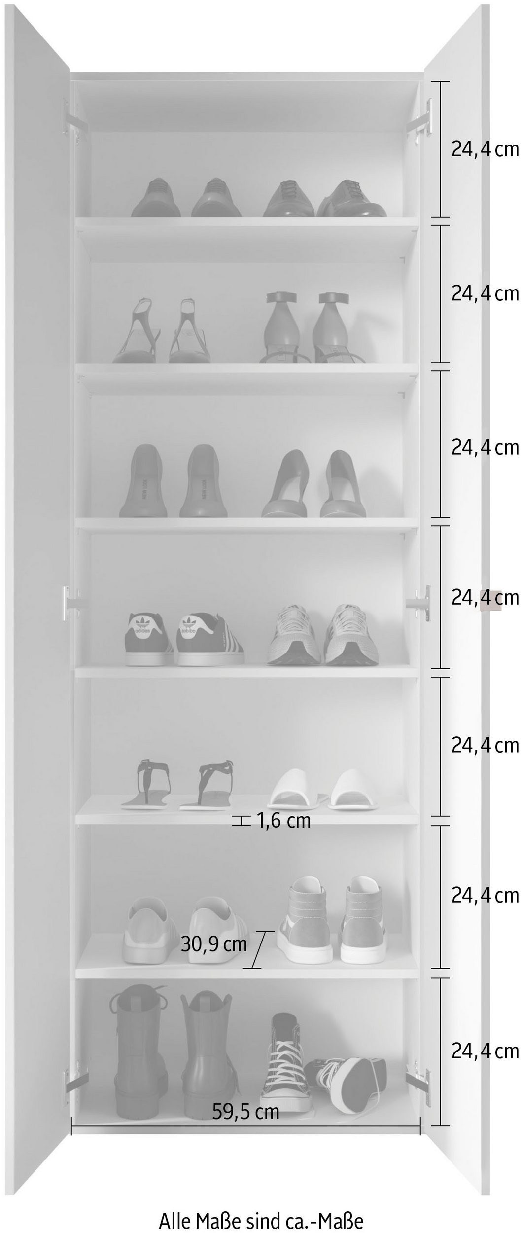 INOSIGN Schuhschrank »SMILE Breite 63 cm, Höhe 184 cm, Schuhregal mit 7 Ebenen,« Schuhkommode in Weiss Hochglanz Lack