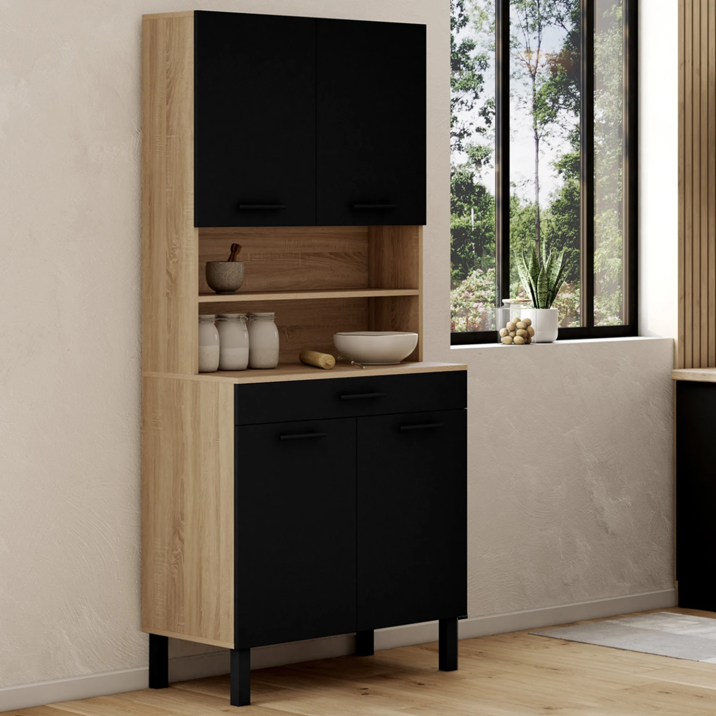 Buffet de cuisine 80 CM CINA 4 portes + tiroir façon hêtre et noir