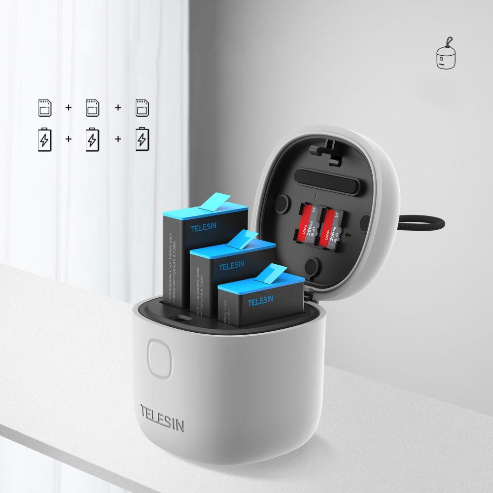 GoPro Hero 3-fach USB Akku Box Ladegerät inkl. 3x Micro SD Speicherkarten Slot und Card Reader (IP54) - Grau