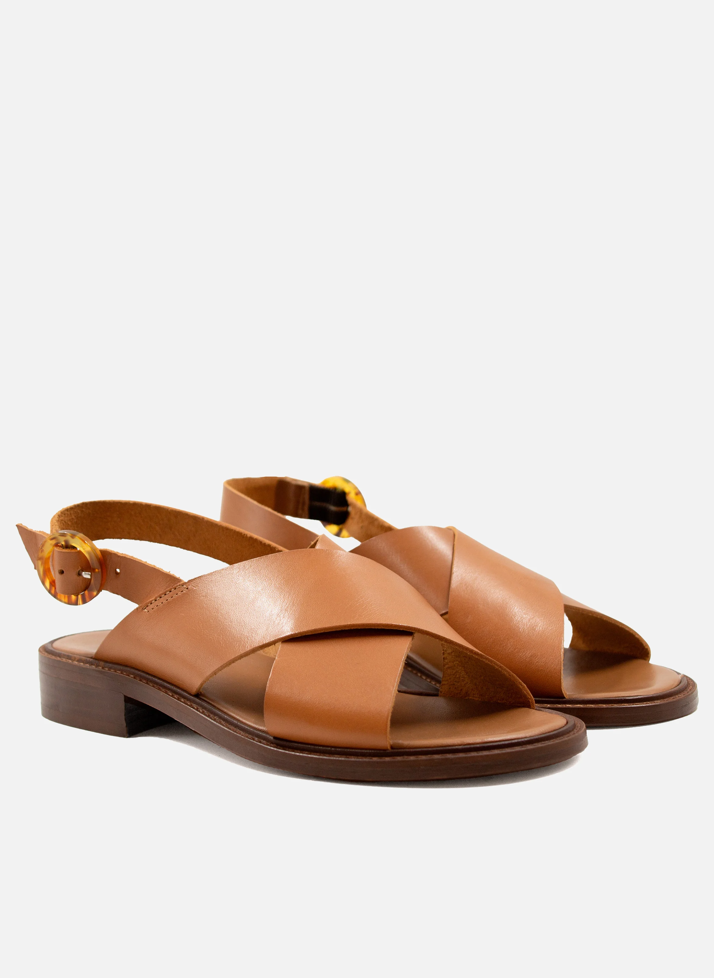 Sandales plates boucle écaille cuir lisse | Marron