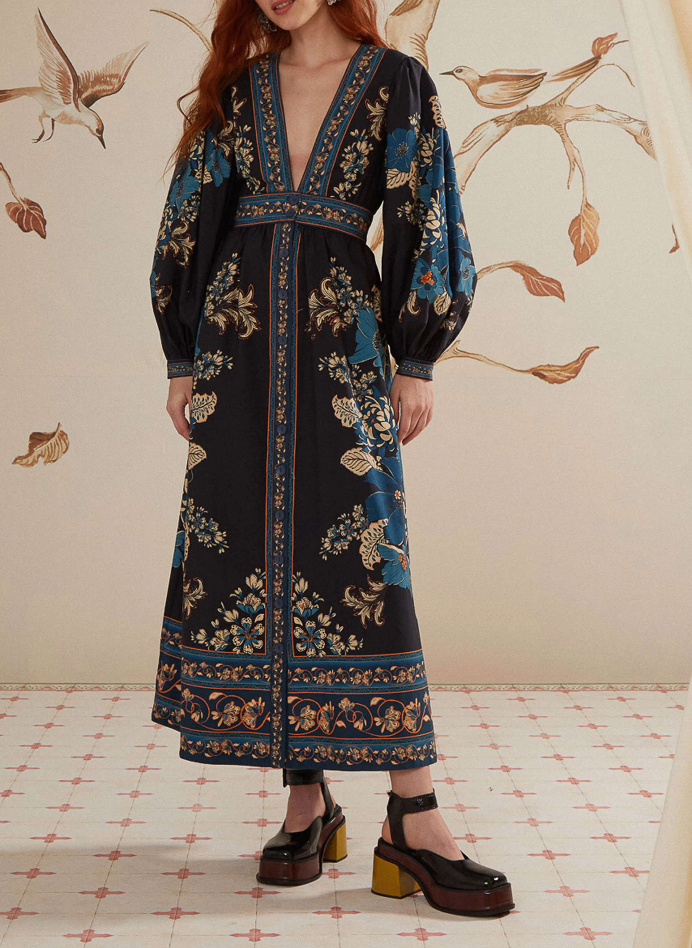 Robe longue en coton imprimé | Noir