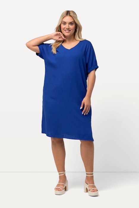 Kleid, Leinenmix, Oversized, V-Ausschnitt, Halbarm