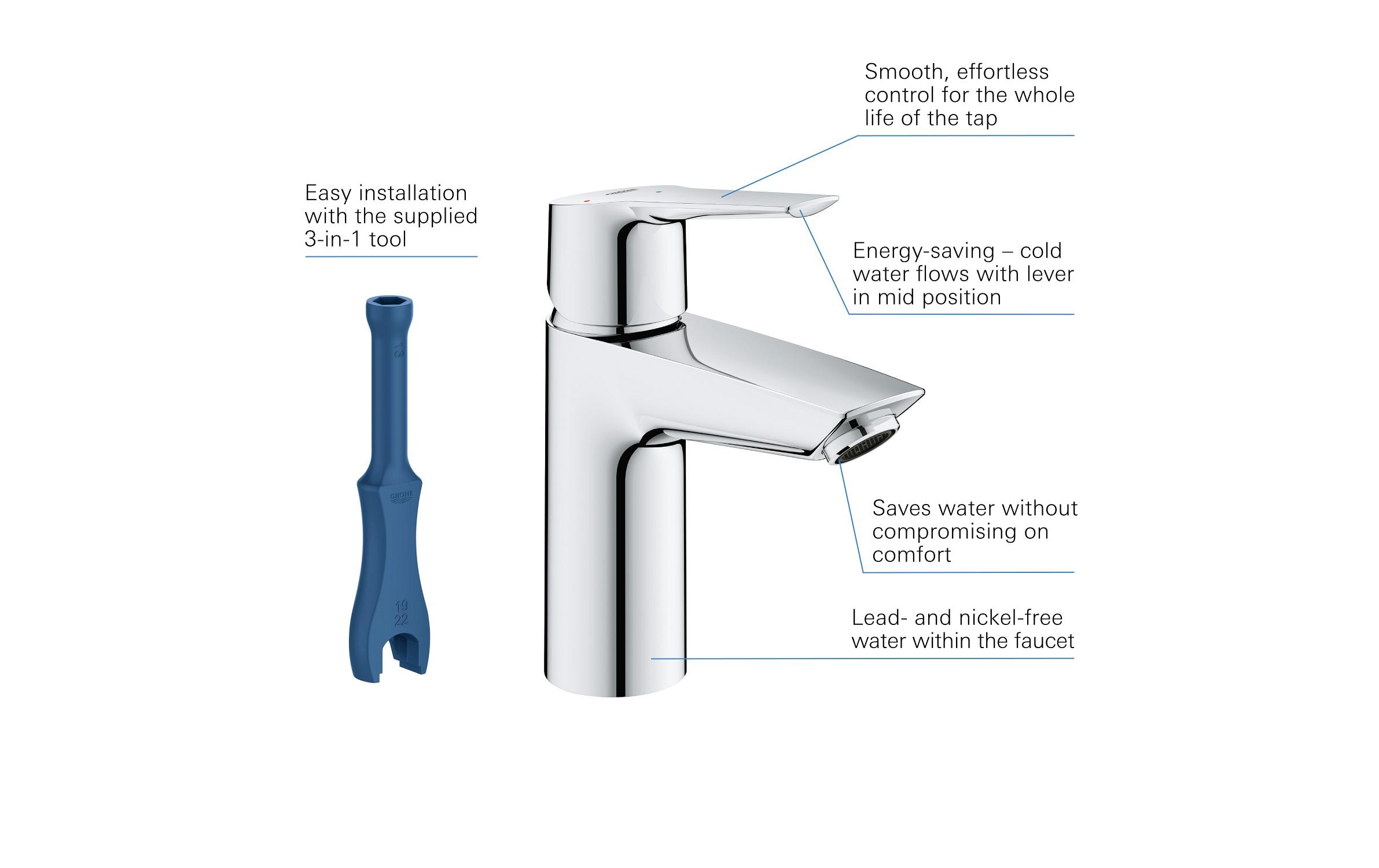 Lavaboarmatur QuickFix Start S-Size chromMit 3-in-1 QuickTool, Push-Open Ablauf, Mittelstellung kalt