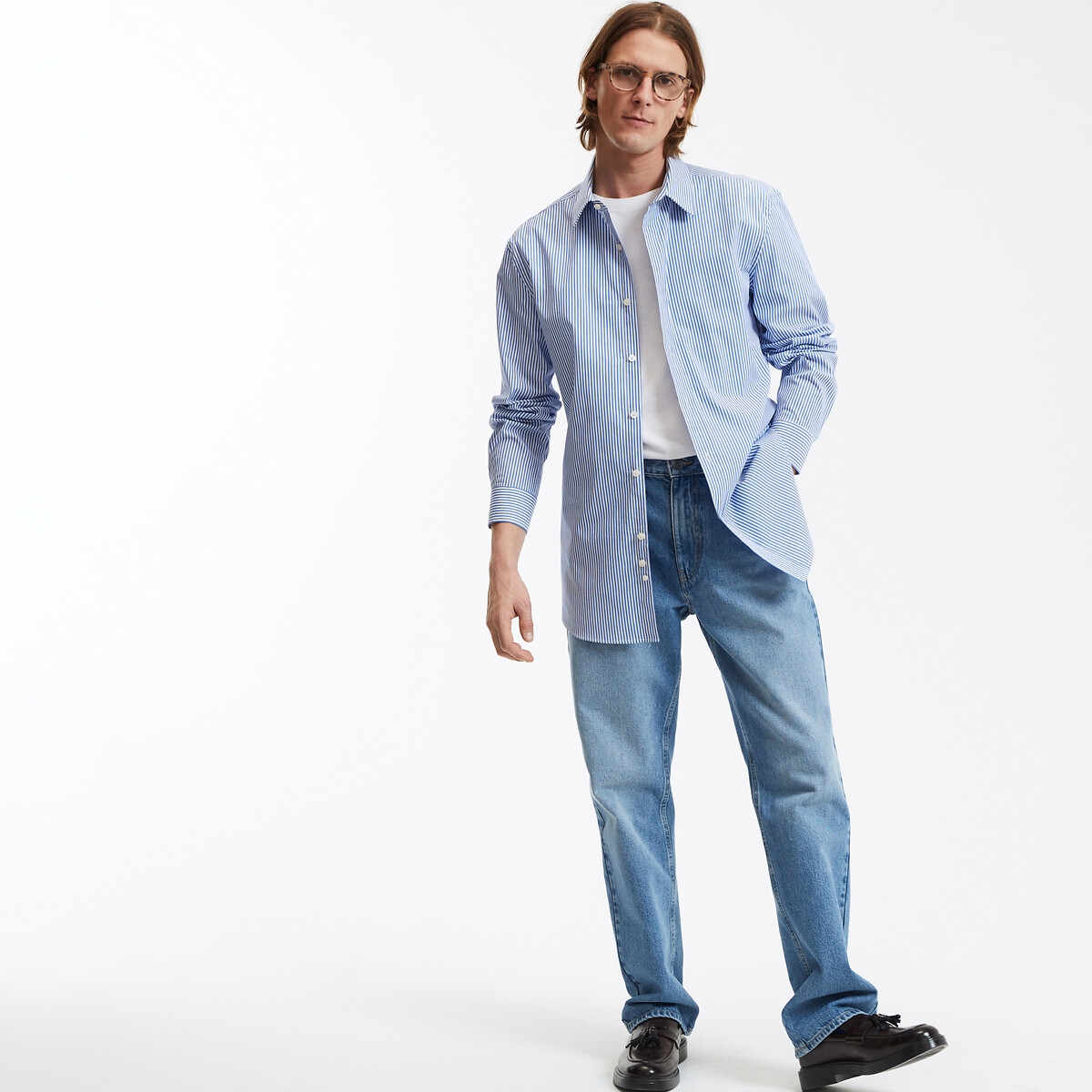 COLEÇÕES LA REDOUTE<br>Camisa de algodão ajustada com listras e gola clássica, Signature