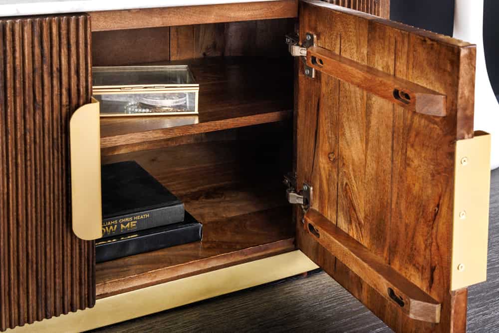 Design TV-Board GATSBY 170cm braun gold Mangoholz weiße Marmorplatte Lowboard