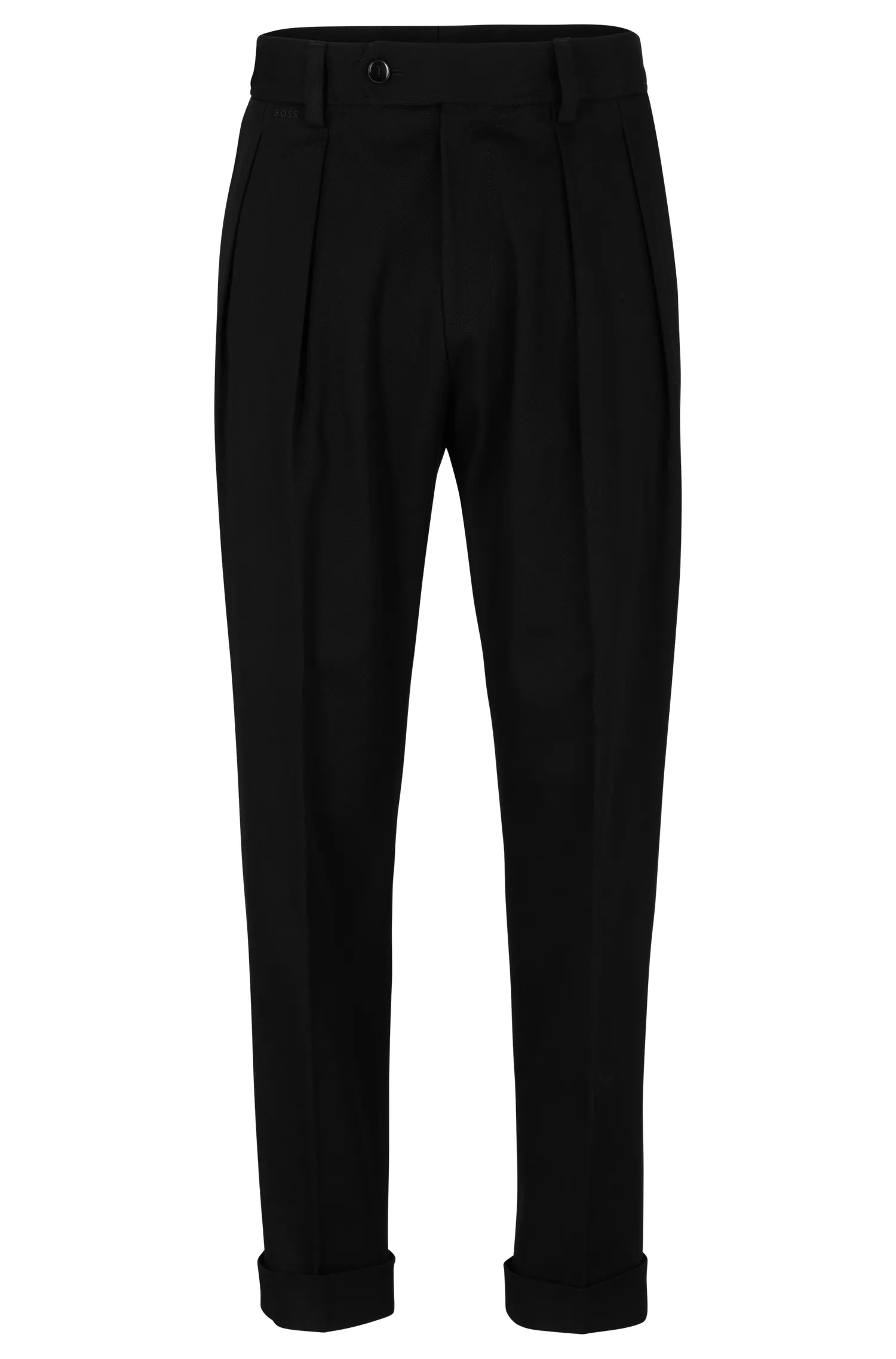 Calça BOSS preta de corte relaxado em algodão elástico com prega frontal.