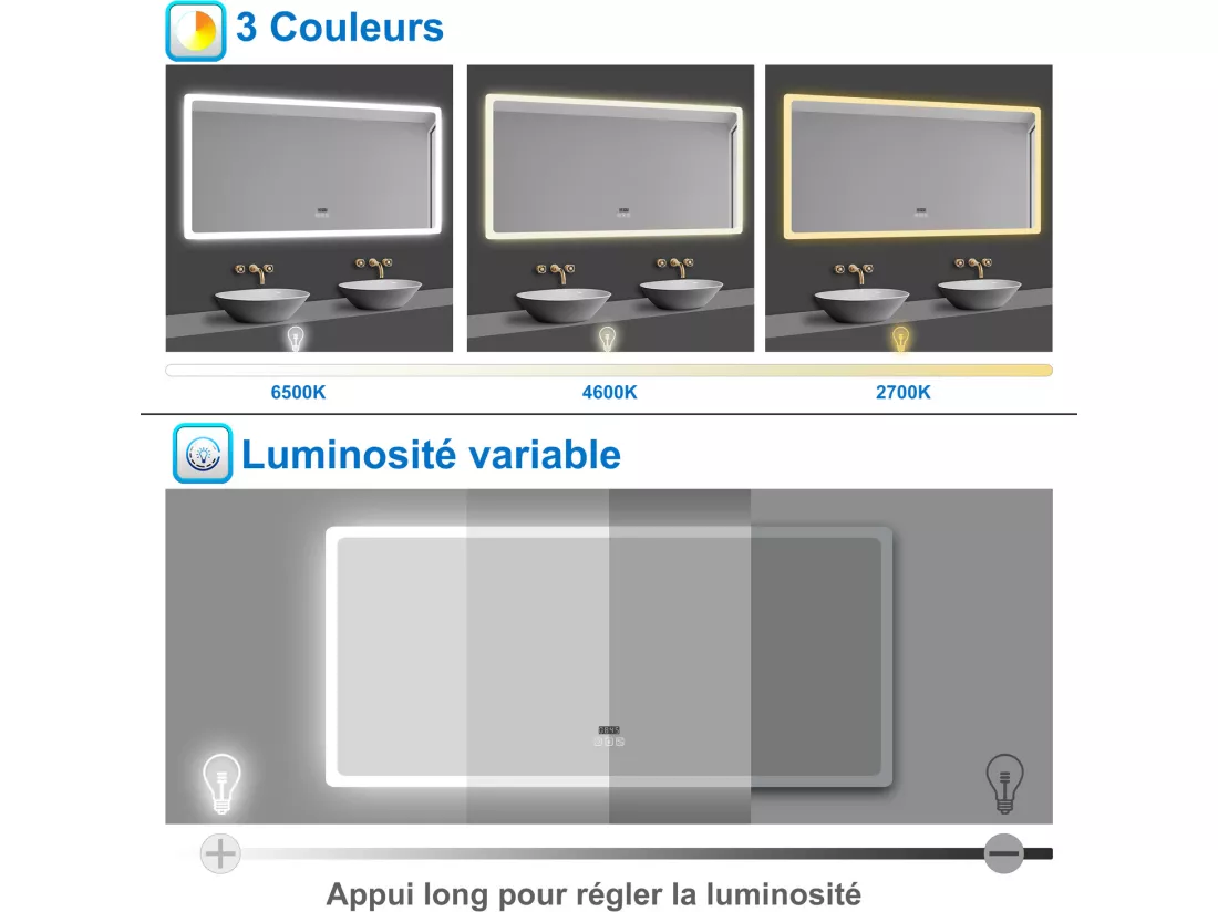 Miroir Salle de Bain avec Bluetooth 50x70cm, Anti-buée+3 Couleurs+Dimmable+Horloge Aica
