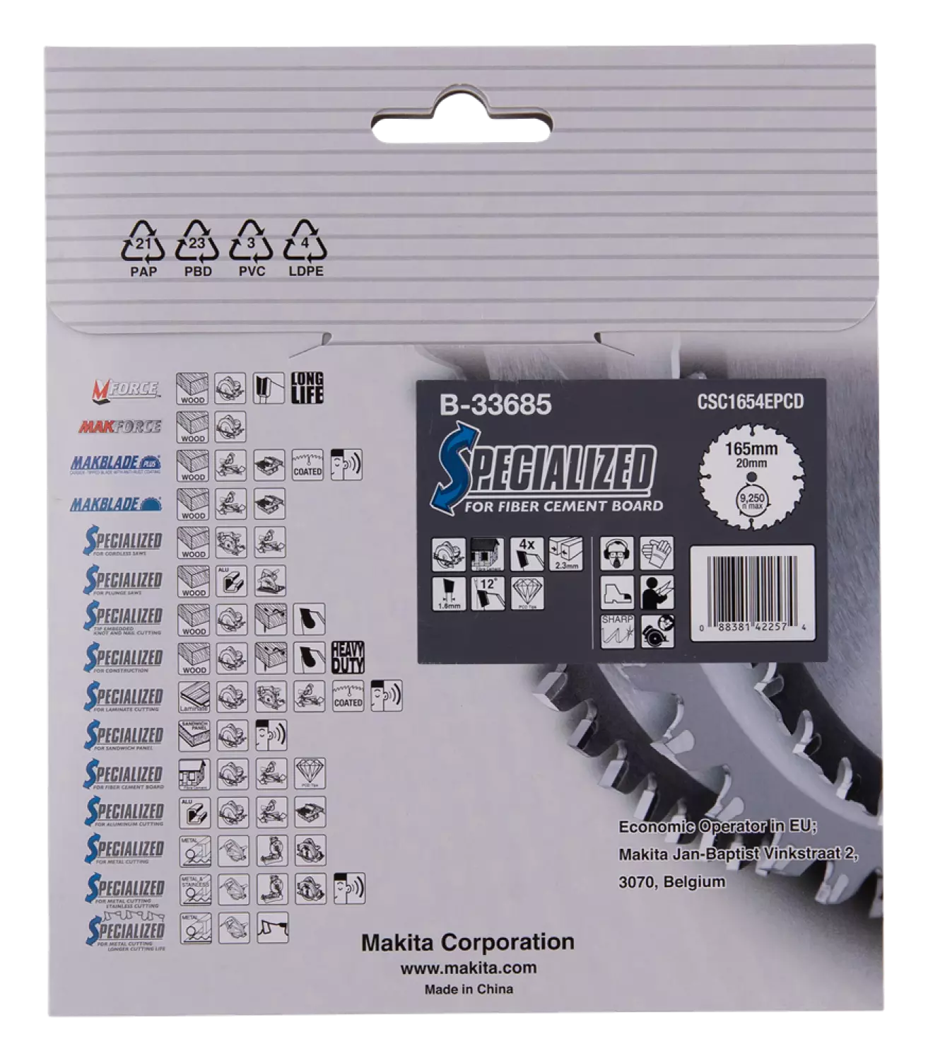 Makita B-33685 Cirkelzaagblad Specialized Sidings - 165mmx20x4T - Vezelcement
