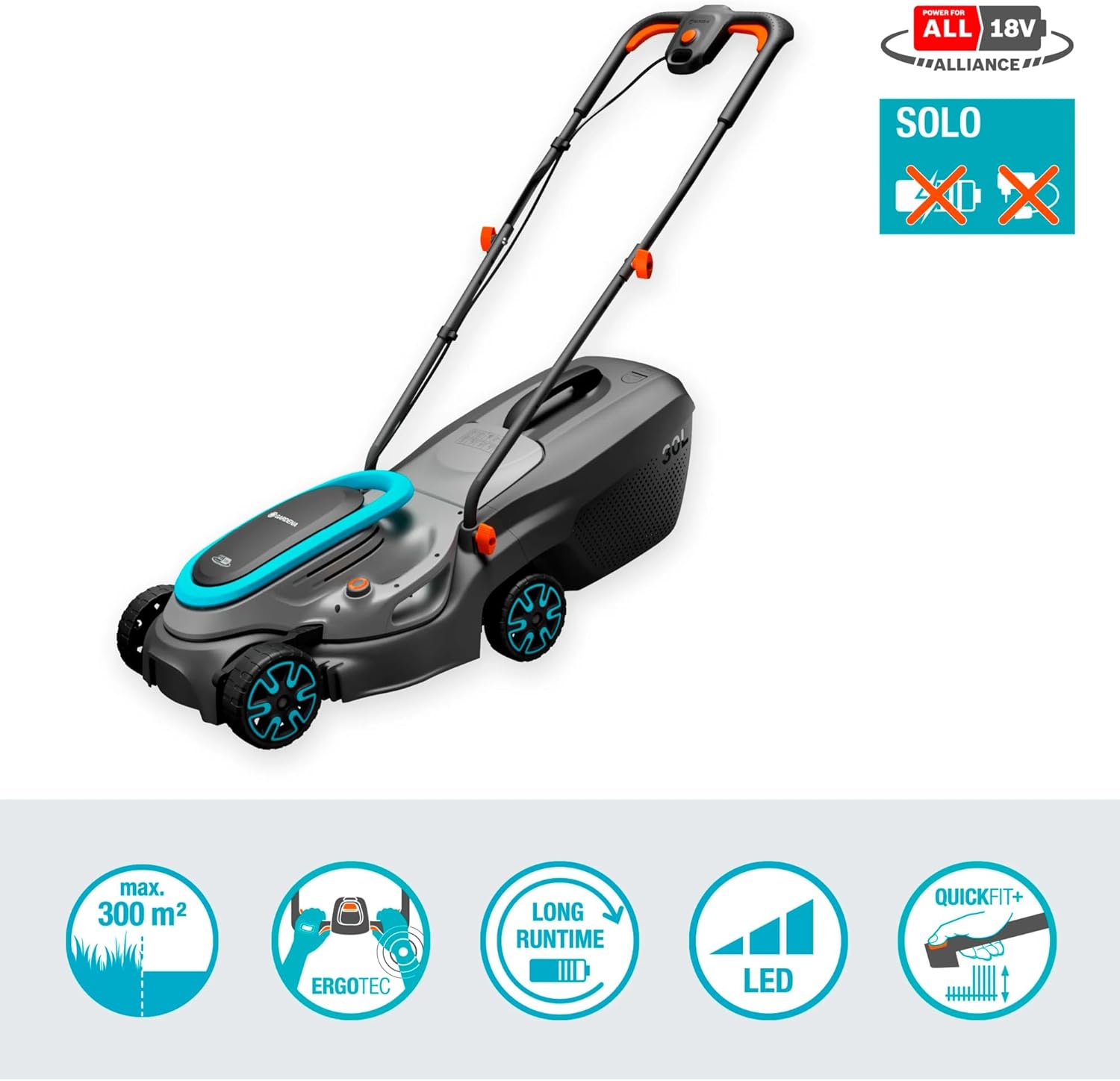 Gardena Akku-Rasenmäher PowerMax 32/18V P4A ohne Akku: 32 cm Schnittbreite, 30 l Fangvolumen, zentrale Schnitthöhenverstellung, bürstenloser PowerPlus Motor mit Eco-Modus (14632-55)