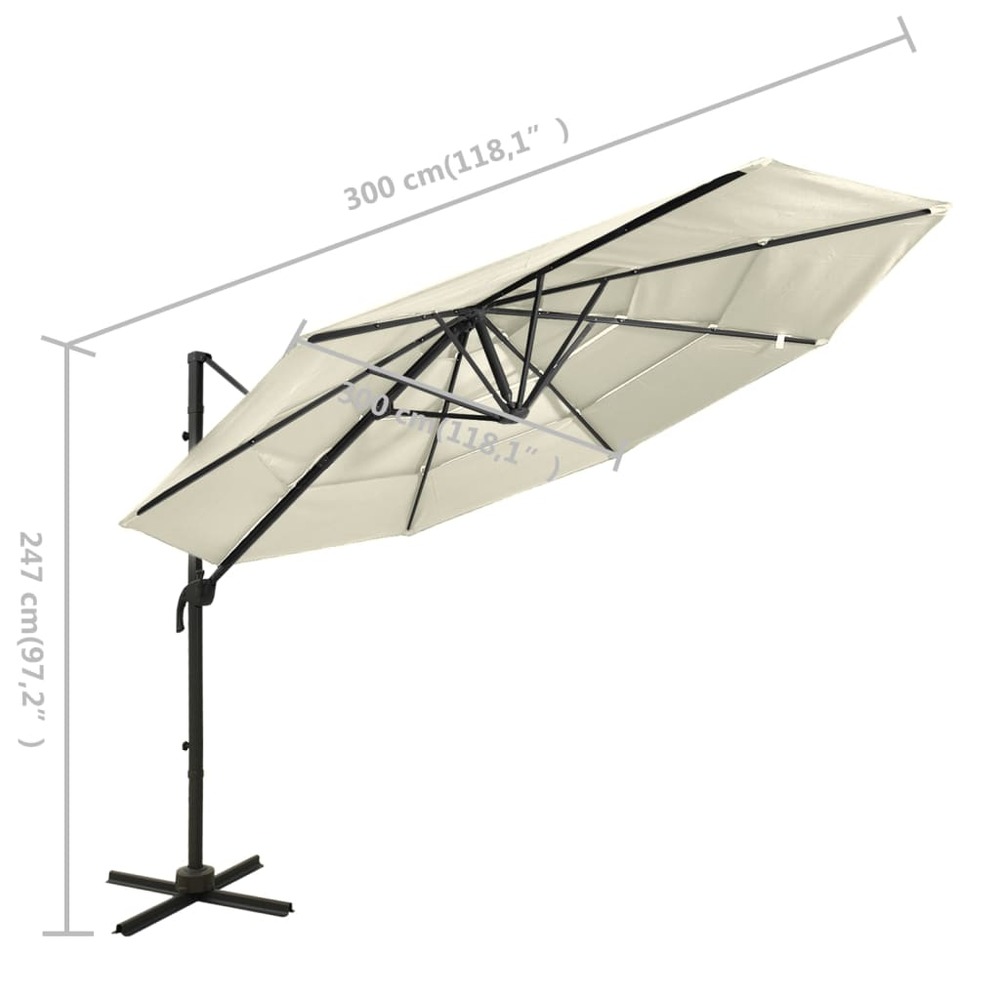 Parasol à 4 niveaux avec mât en aluminium 3 x 3 m sable