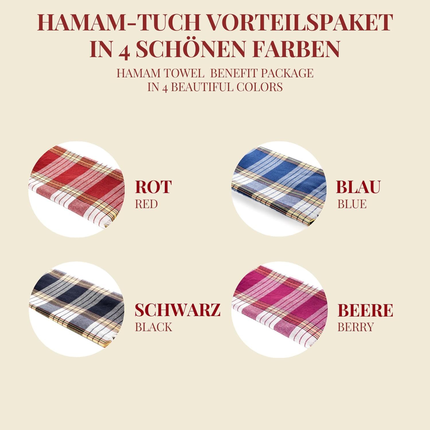 Carenesse Hamamtuch Classic Set rot, schwarz, blau, beere 80 x 170 cm
