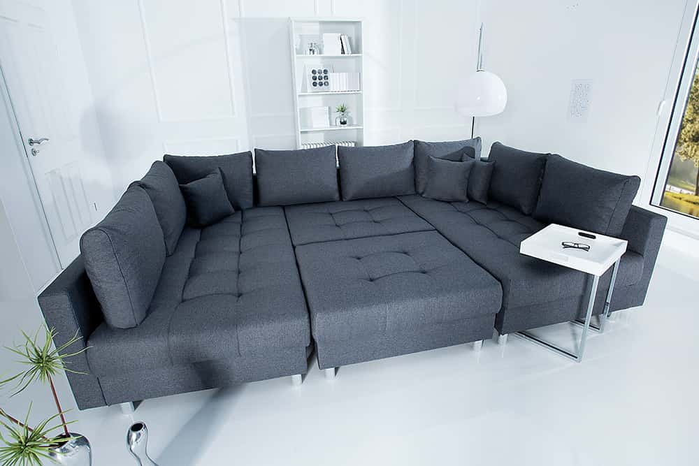 Moderne XXL Wohnlandschaft KENT 305cm anthrazit Federkern Bigsofa inkl. Hocker