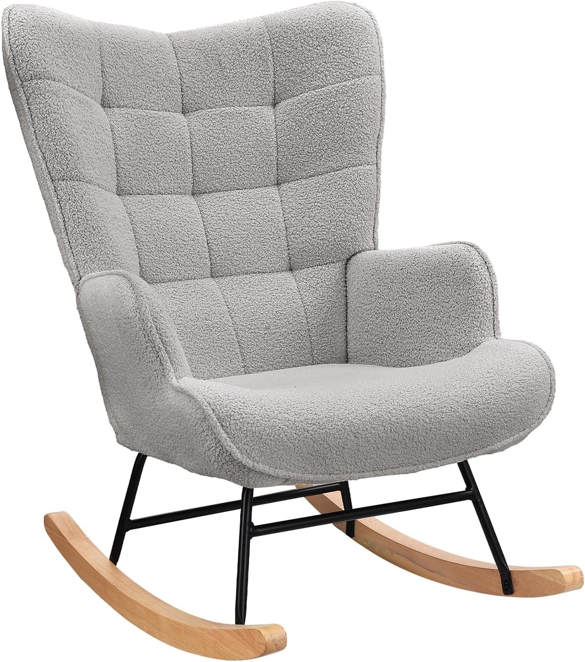 Schaukelstuhl Relaxsessel Stillsessel Schaukelsessel Wohnzimmersessel Schwingsessel mit Metallgestell und Holzsockel, Belastbarkeit Bis 130 Kg, Teddystoff, Hellgrau, 75 x 68 x 92 cm