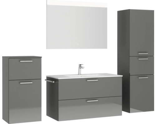 Badkamermeubelset NOBILIA Programma 2 BxHxD 210 x 169,1 x 48,7 cm, fronten hoogglans grijs, met wastafelmeubel wit en spiegel met ledverlichting, halfhoge kast, onderkast, greep mat chroom, 269
